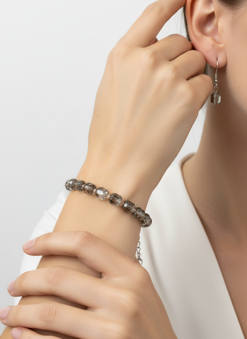 Smoky grey beaded glass crystal with SIlver metalic chain Bracelet and Ear rings