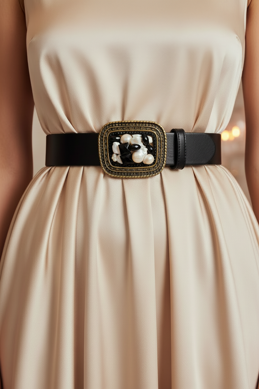 Leather belt, metal buckle, river pearls and onyx