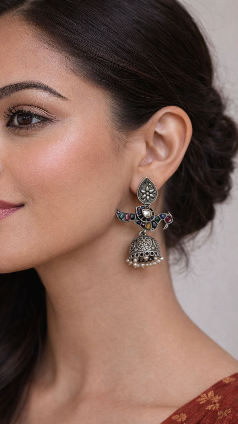 Oxidized silver Mosaic stone peacock design with jhumka metallic earrings