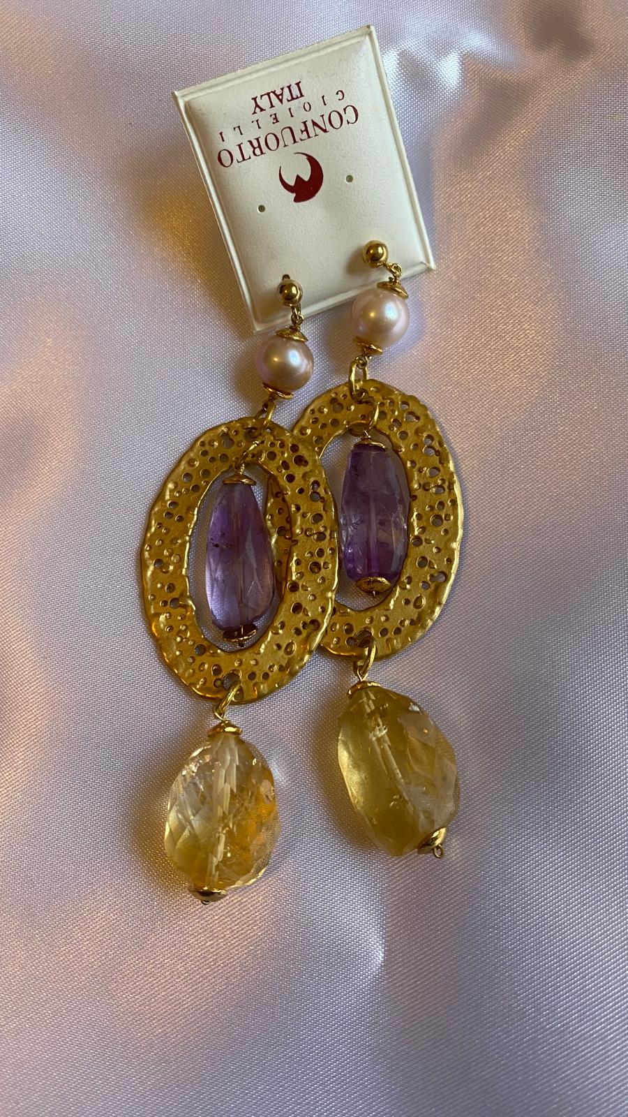 Amethyst, Citrine Quartz, and freshwater Pearl Earrings in Gold plated Silver