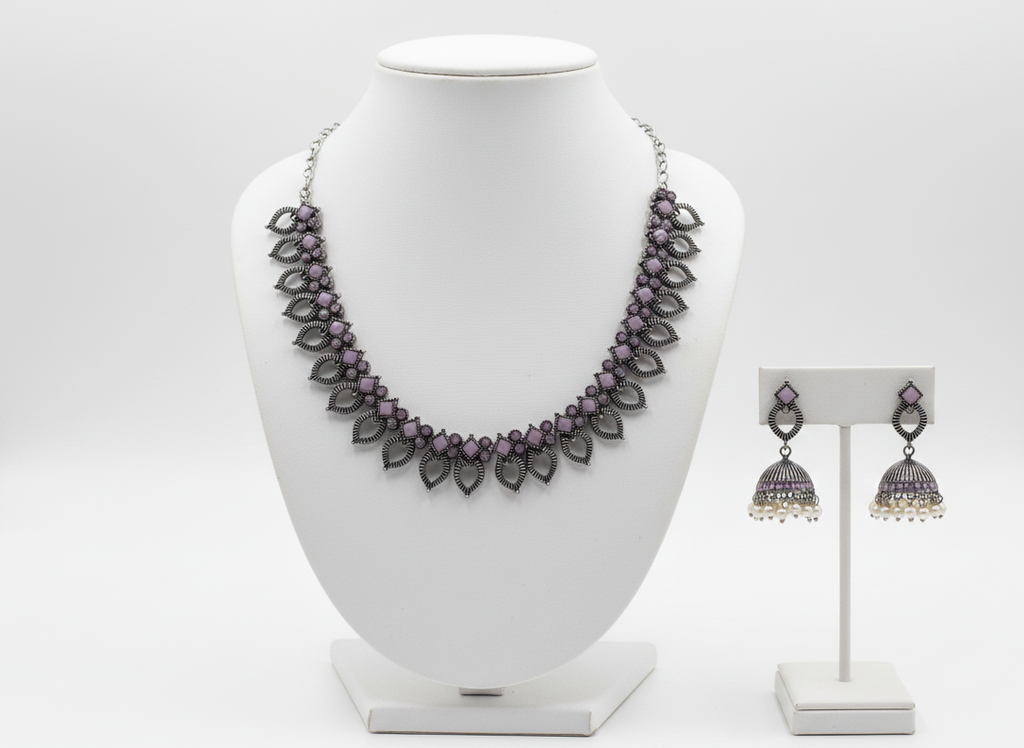 Oxidized silver finish with Soft purple Stones Necklace