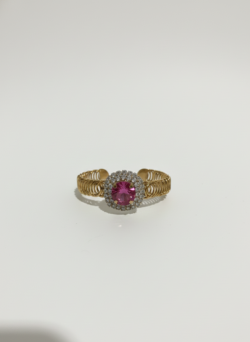 Cluster pink central stone with white studded stones Golden metal strap Bracelet