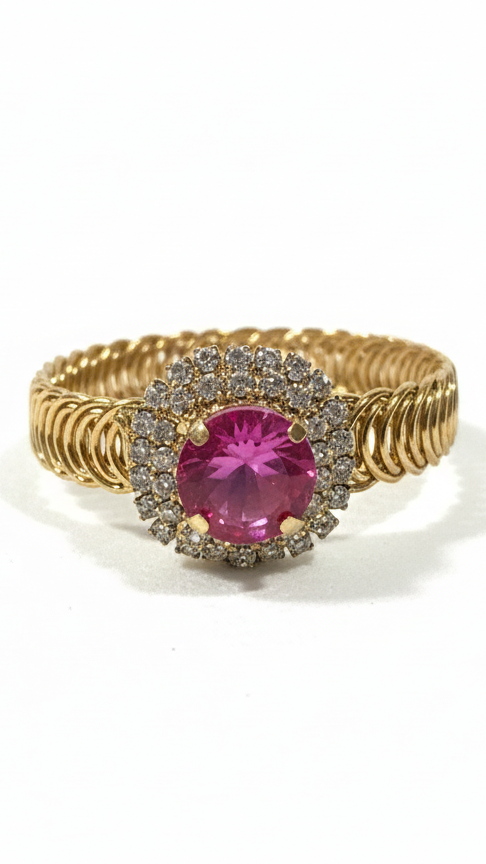 Cluster pink central stone with white studded stones Golden metal strap Bracelet