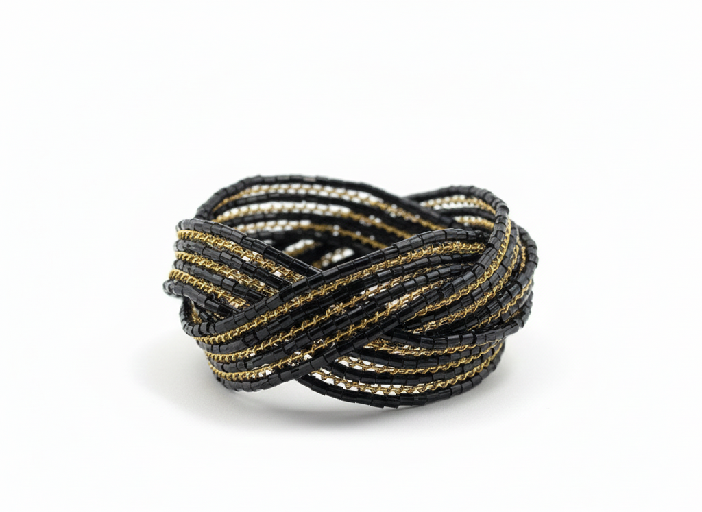 Multi-strand wrap cuff Black beaded & golden glitter coil Bracelet