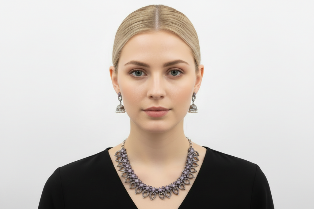 Oxidized silver finish with Soft purple Stones Necklace