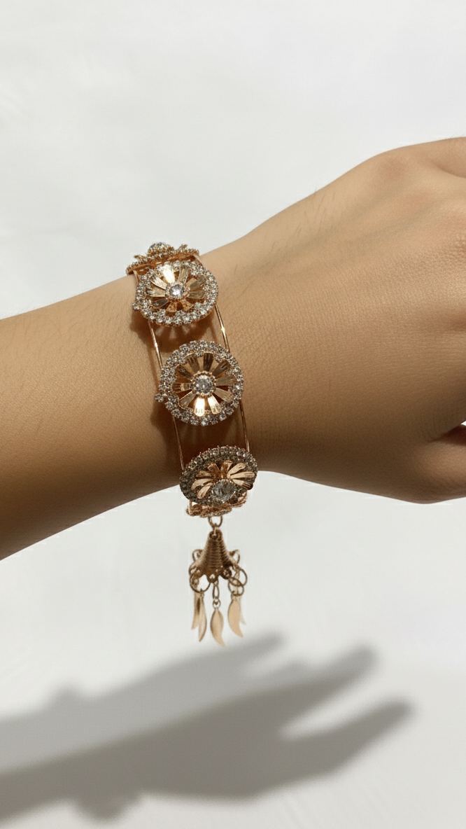 Golden Floral sparkle charm with white stone Metal Bracelet