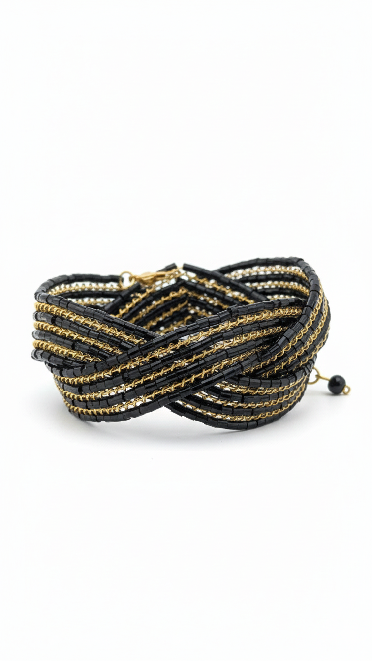 Multi-strand wrap cuff Black beaded & golden glitter coil Bracelet