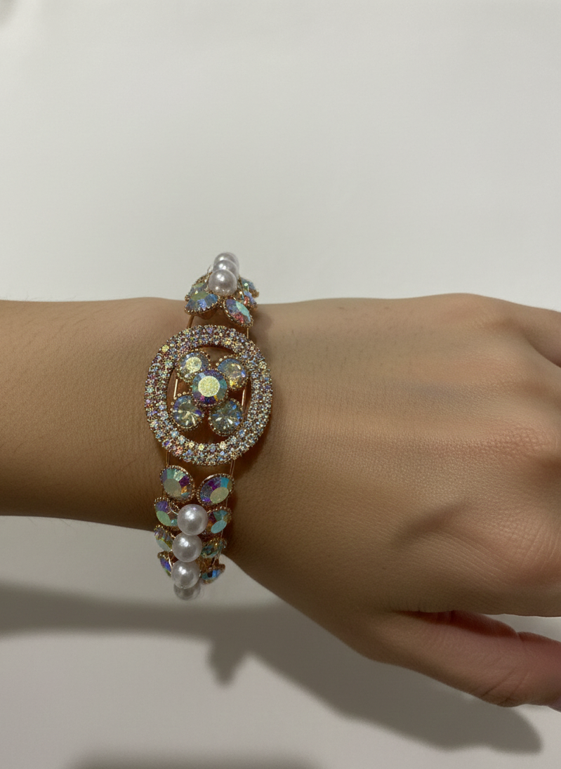 White Stone Studded Round floral with white pearls and crystal strap Bracelet