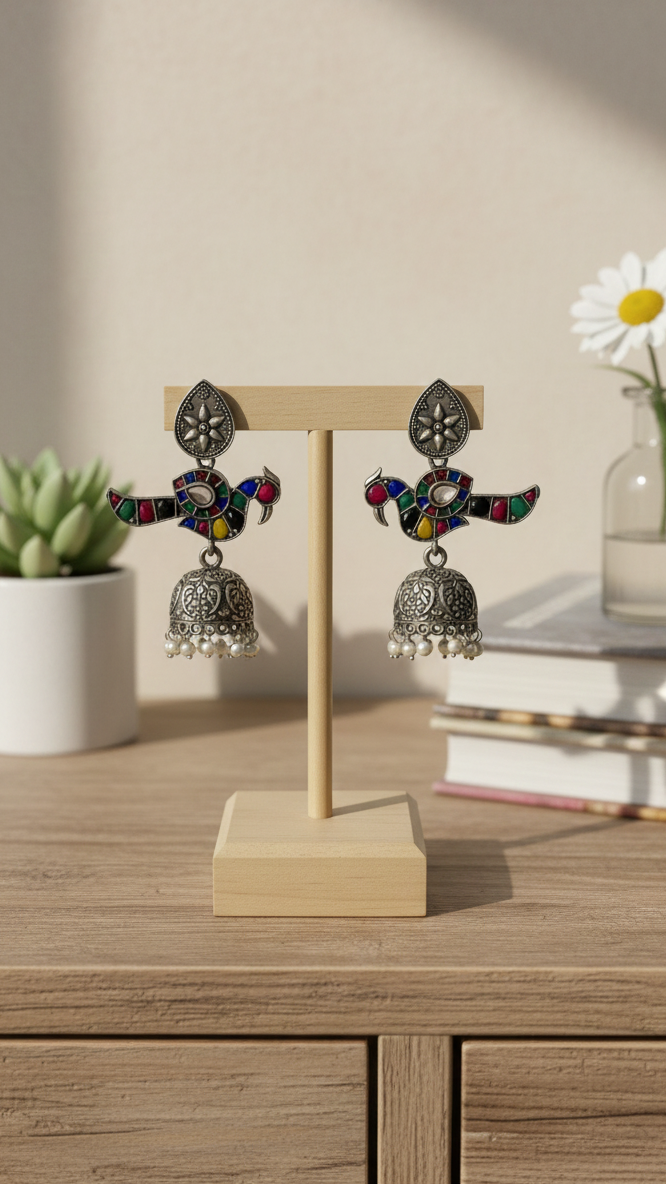 Oxidized silver Mosaic stone peacock design with jhumka metallic earrings