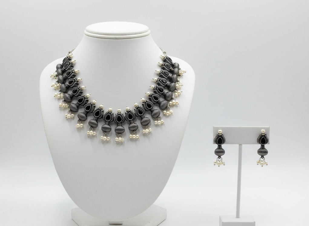 Black Enamel with Classic Floral Design with White pearls oxidized metal Necklace