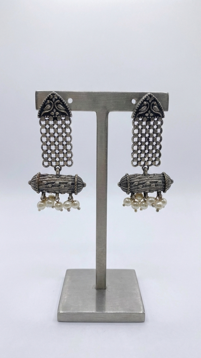 Antique design Oxidised metal pearl border Earrings