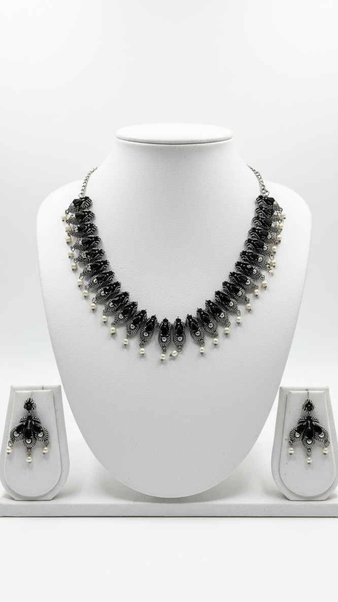 Black Enamel with Detailed Floral Design with White peral drops oxidized metal Necklace