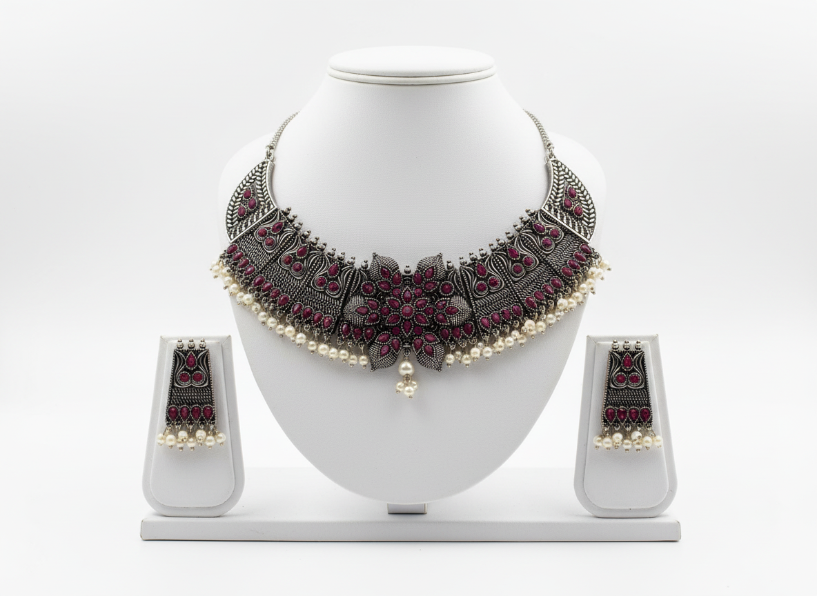 Bold & traditional Detailed Design Maroon Stones and white Pearls oxidized metal Necklace