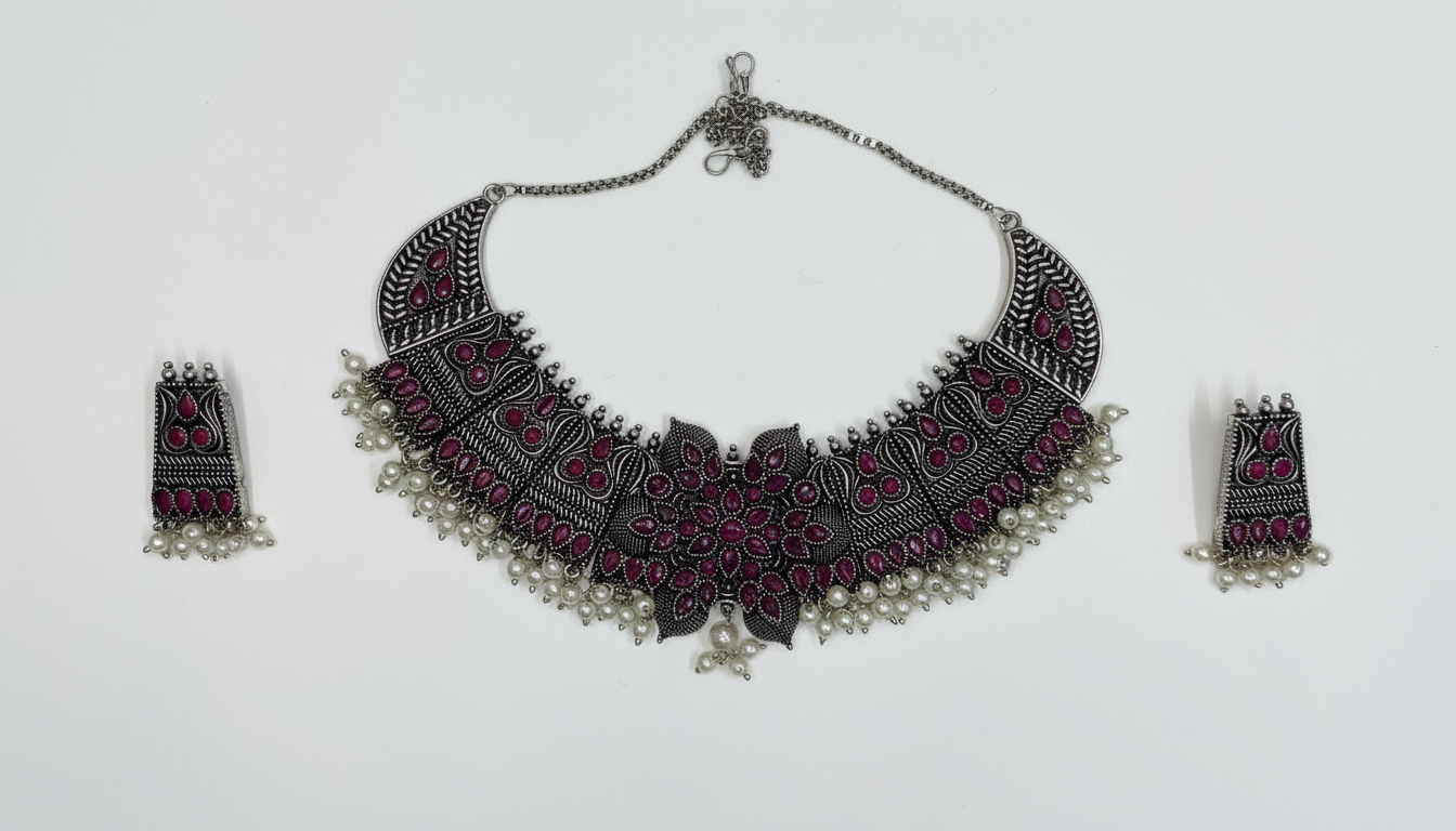 Bold & traditional Detailed Design Maroon Stones and white Pearls oxidized metal Necklace