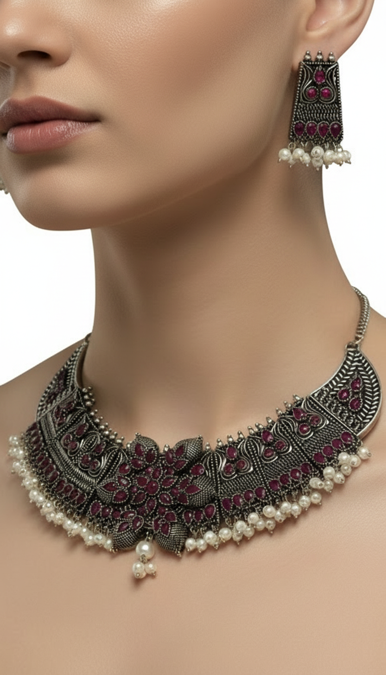 Bold & traditional Detailed Design Maroon Stones and white Pearls oxidized metal Necklace