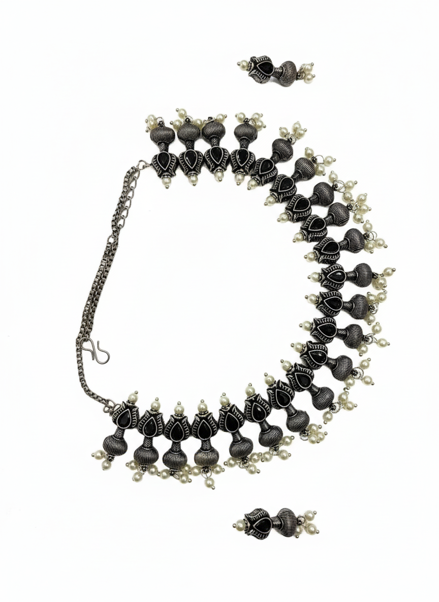 Black Enamel with Classic Floral Design with White pearls oxidized metal Necklace