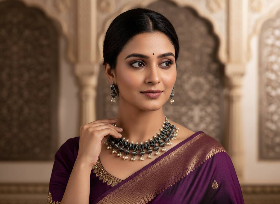 Black Enamel with Classic Floral Design with White pearls oxidized metal Necklace