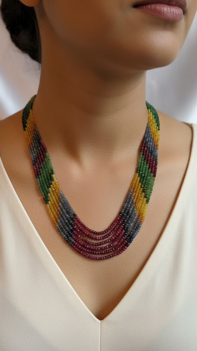 Multicolored 7 strand necklace with Ruby, Emerald, Sapphire, and Topaz