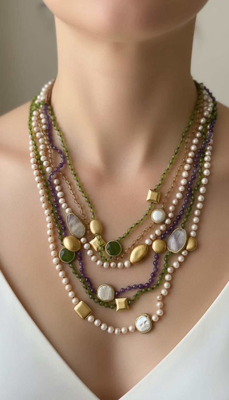 Multi strand Necklace in Amethyst, Citrine, Peridot, Pearls, Golden nuggets, and glitter.