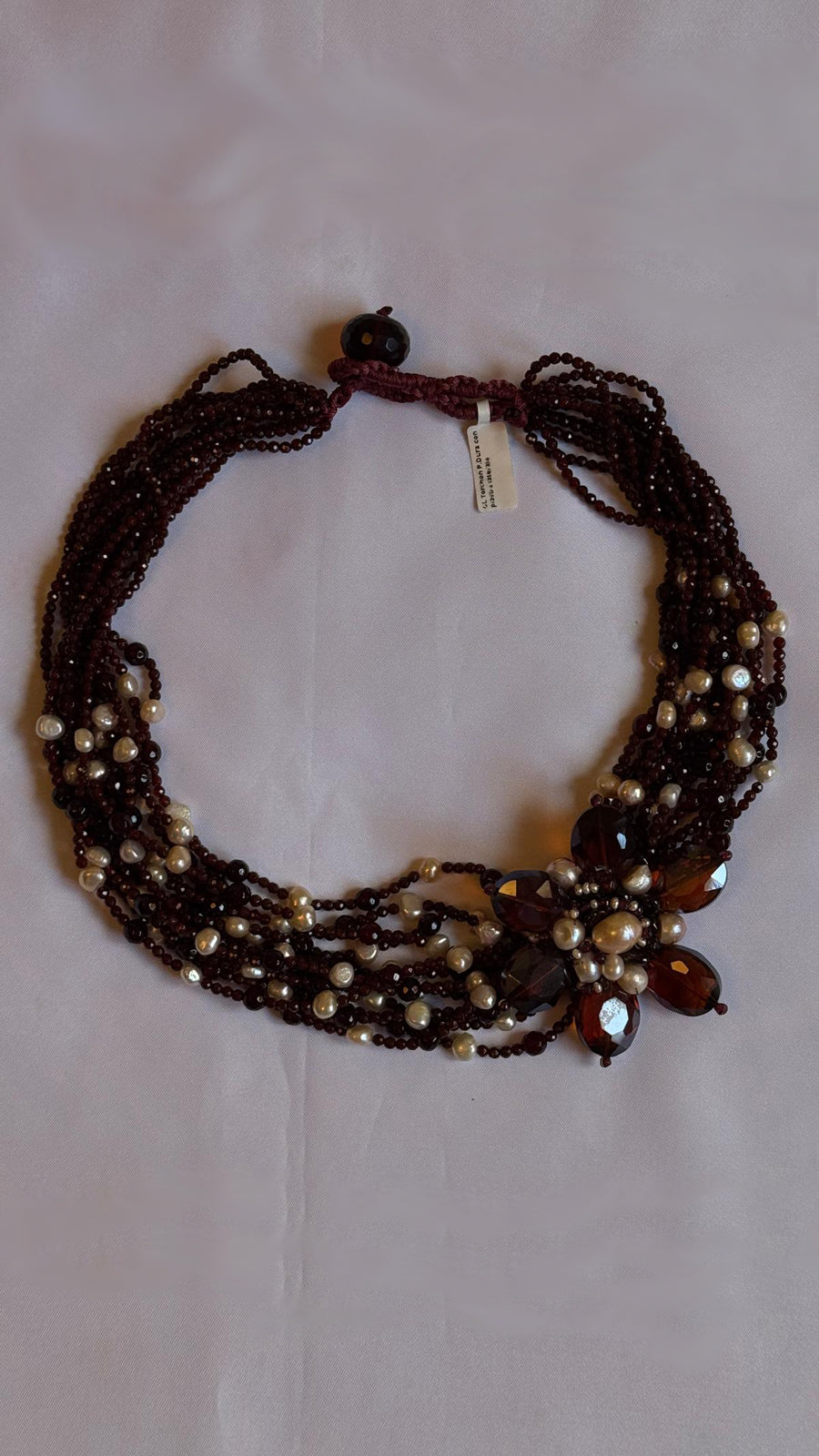 Torchon necklace with freshwater pearls and spinel