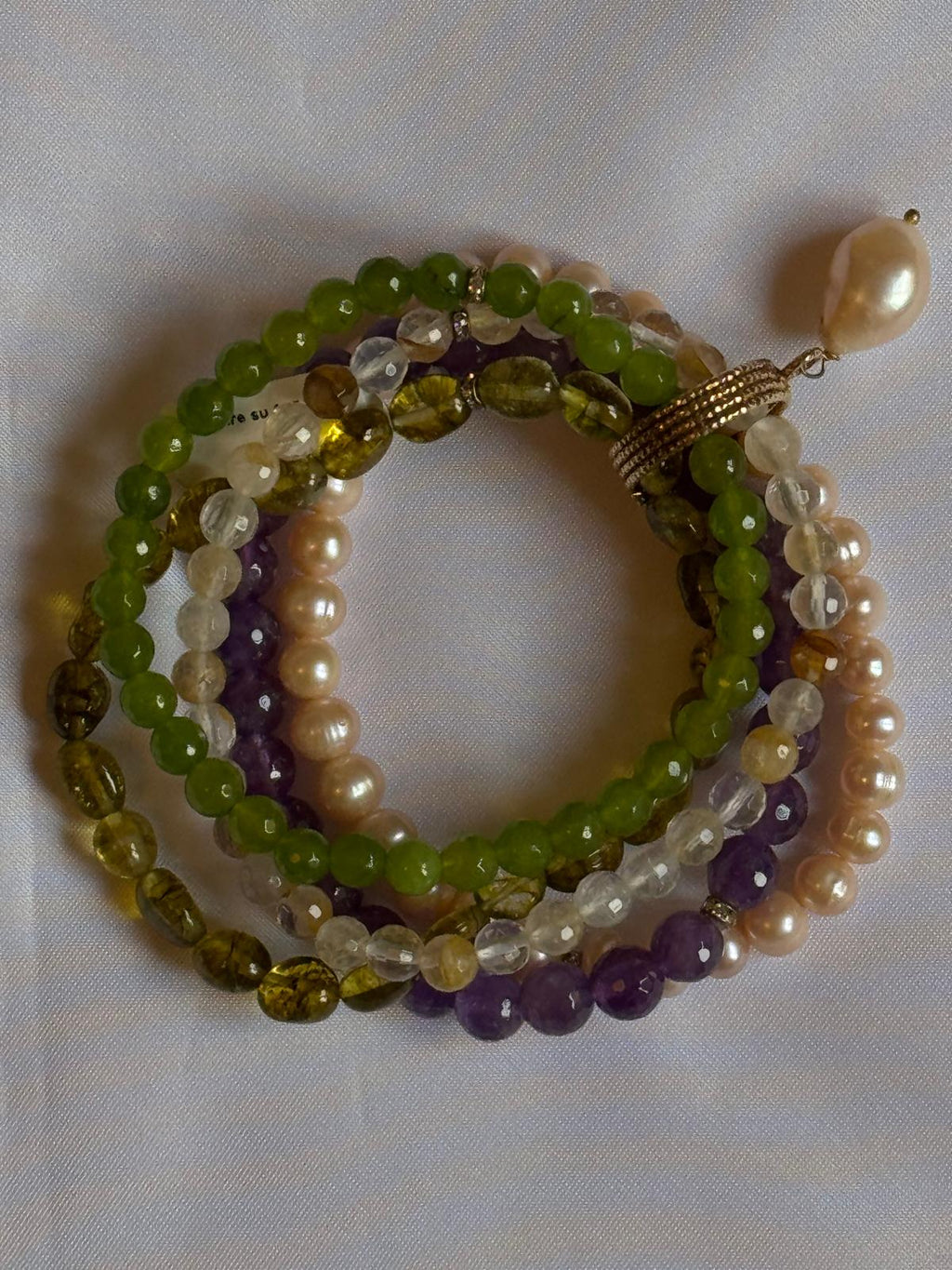 Green Agate, citrine quartz, peridot, amethyst, and freshwater pearls  multi strand  Bracelet