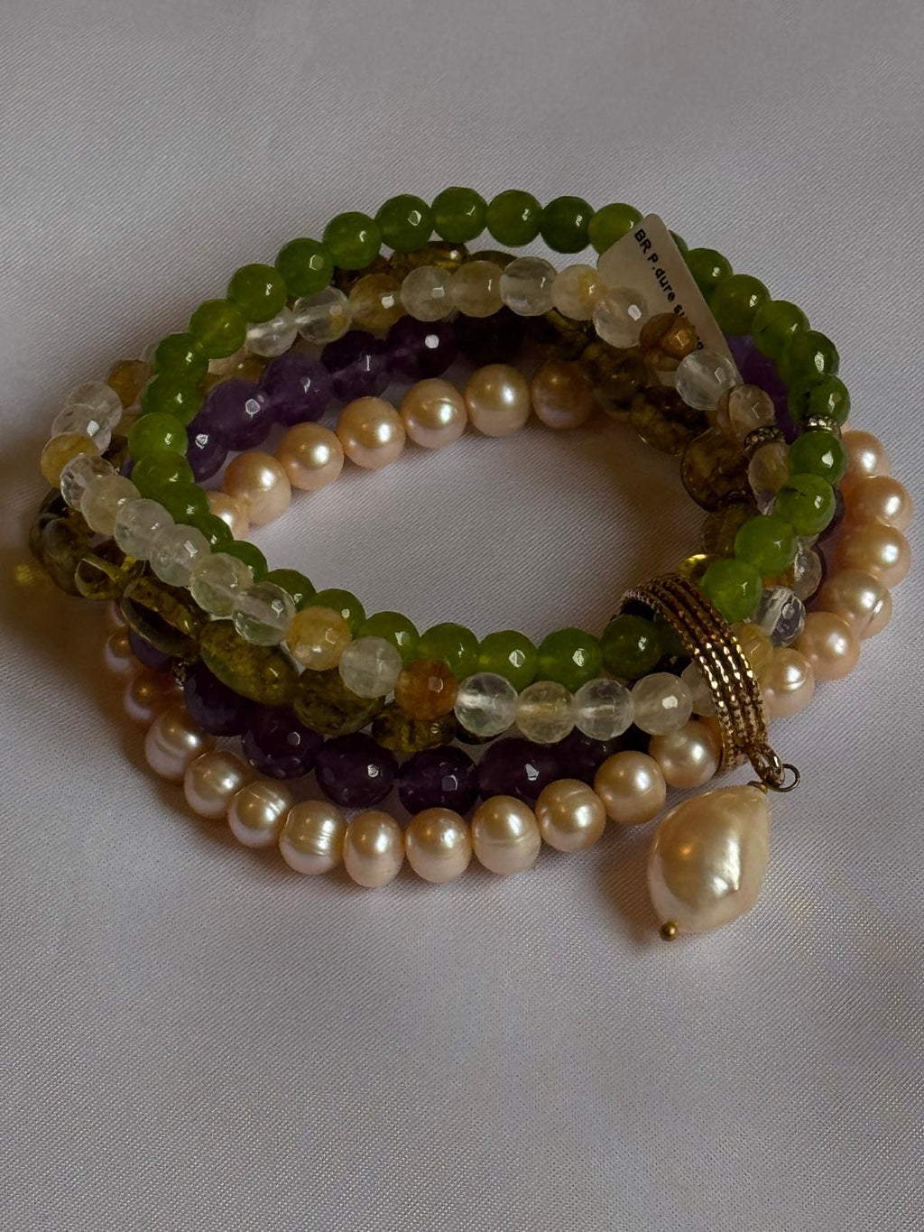 Green Agate, citrine quartz, peridot, amethyst, and freshwater pearls  multi strand  Bracelet