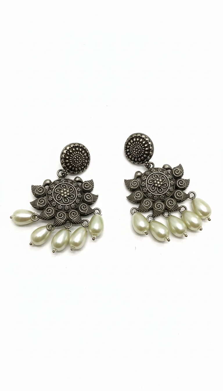 Silver plated white pearls drop earrings