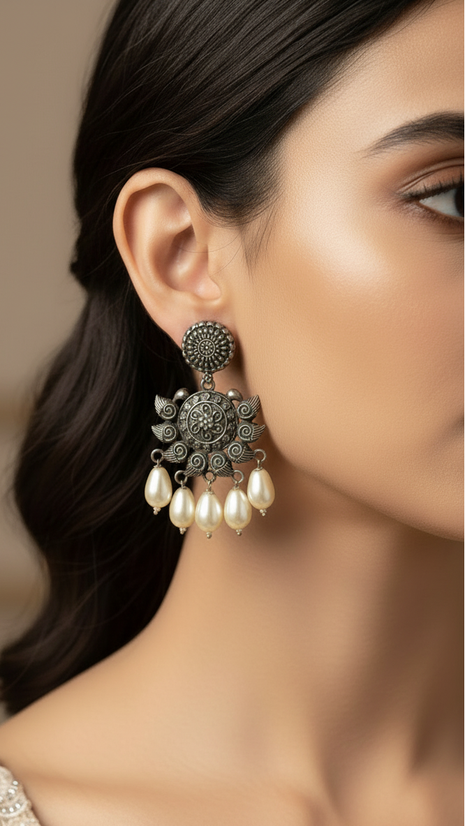 Silver plated white pearls drop earrings
