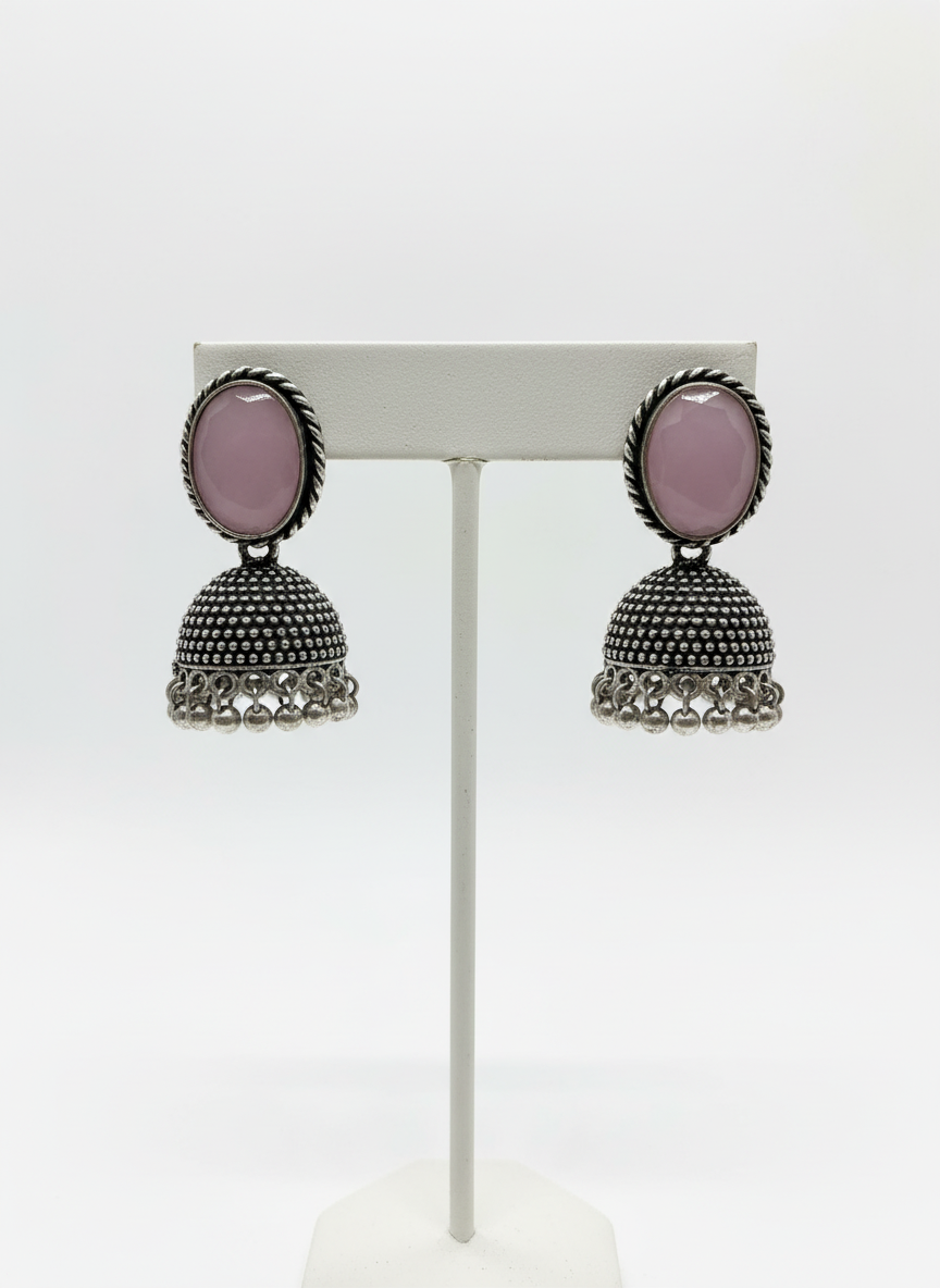 Silver plated Light pink dome jhumka metallic earrings