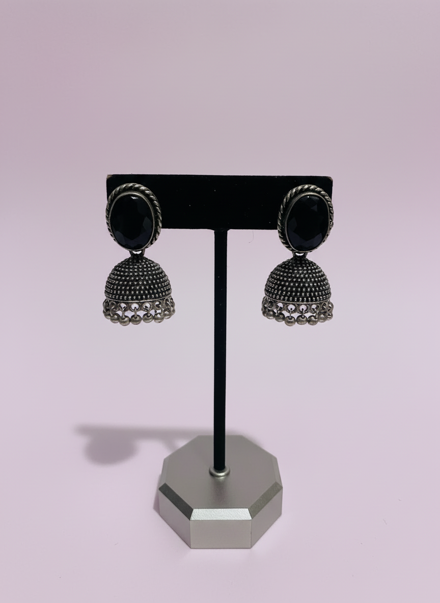 Silver black stone dome jhumka metallic earrings