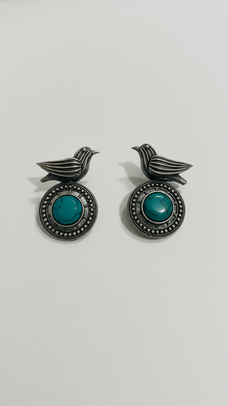 Turuoise central stone silver bird earrings