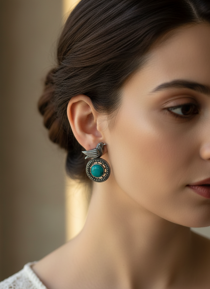 Turuoise central stone silver bird earrings
