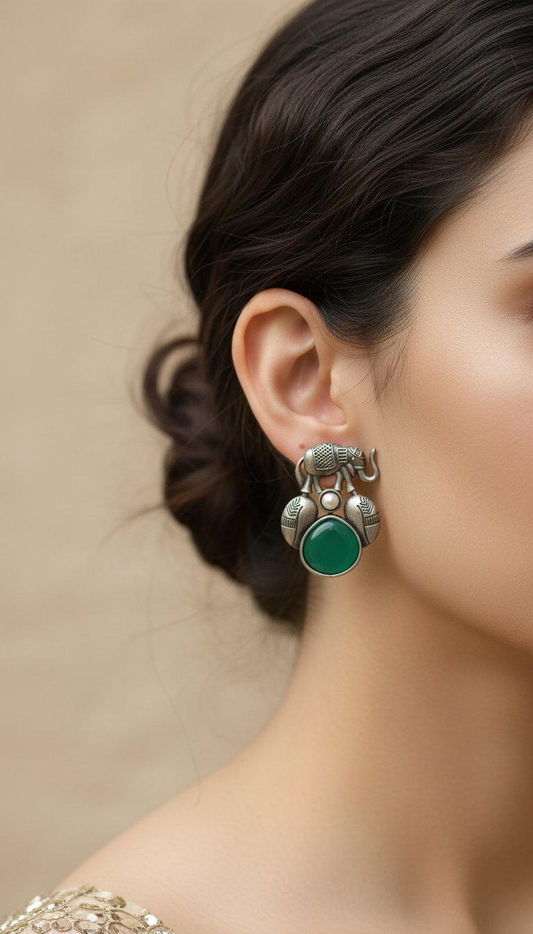 Vintage style elephant  and green stone earrings